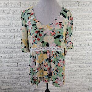Suzanne Betro XL Women Top Green Yellow Floral Crochet Rayon FLO233E